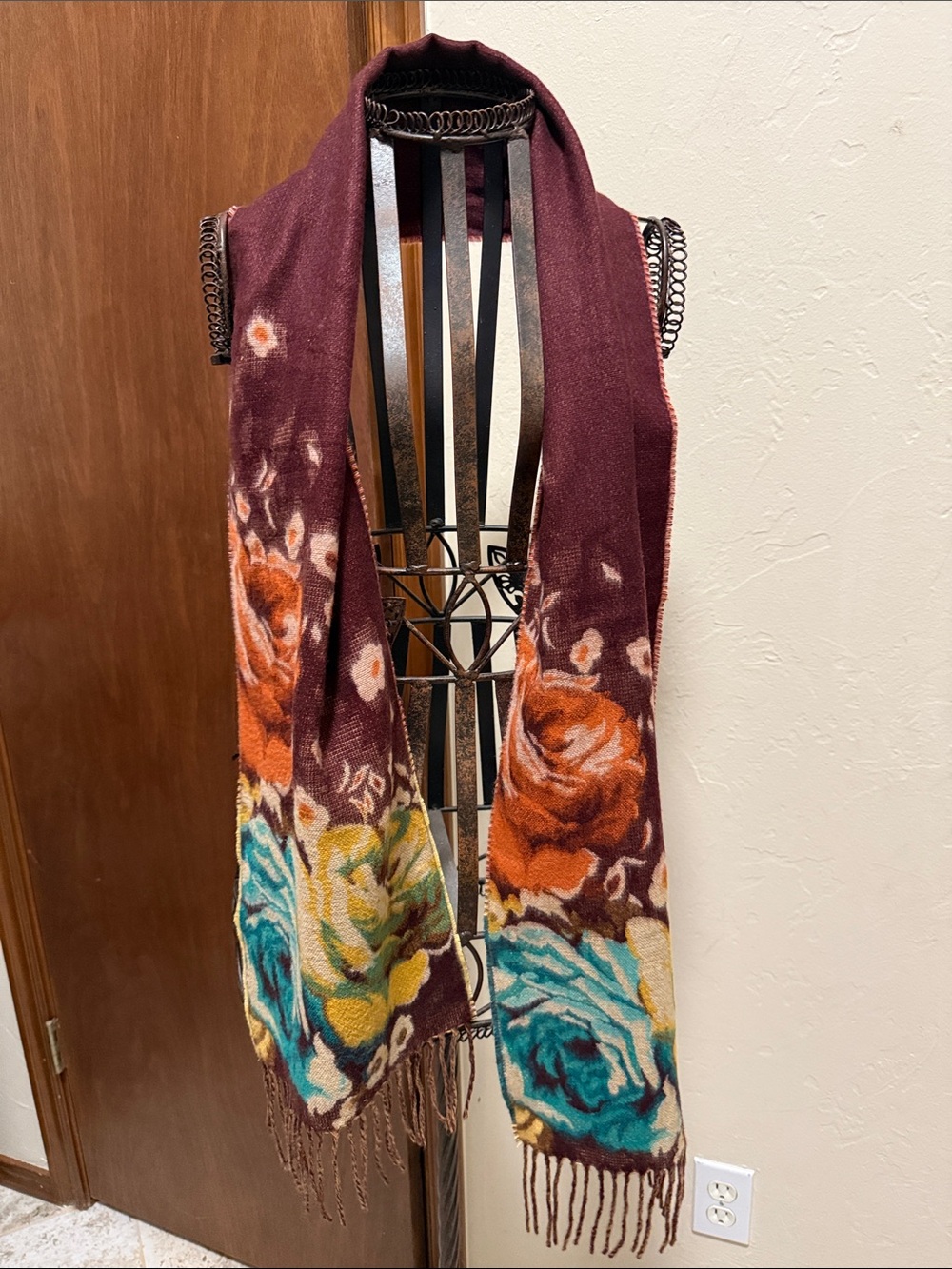 Cashmere two sided Floral Fringe Scarf in Burgundy with Multicolor Roses